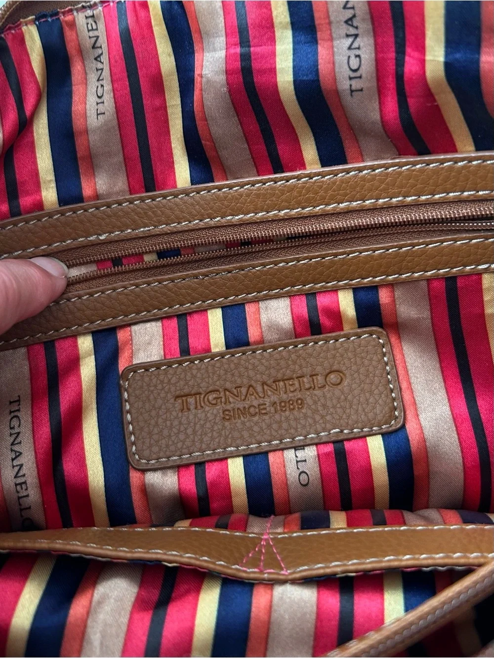 Tignanello Est. 1989 Brown Navy Leather Handbag Plus Shoulder Bag Gold Hardwar
